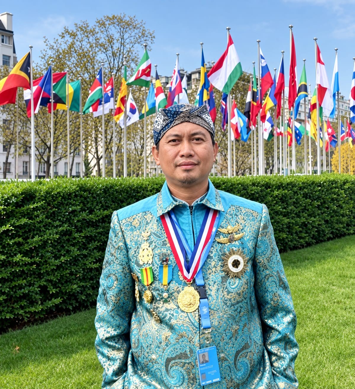 Pangeran Mohammad Soleh Ridwan KCSA mengenakan busana kebesaran biru-emas dengan medali kehormatan, berdiri di depan deretan bendera negara-negara